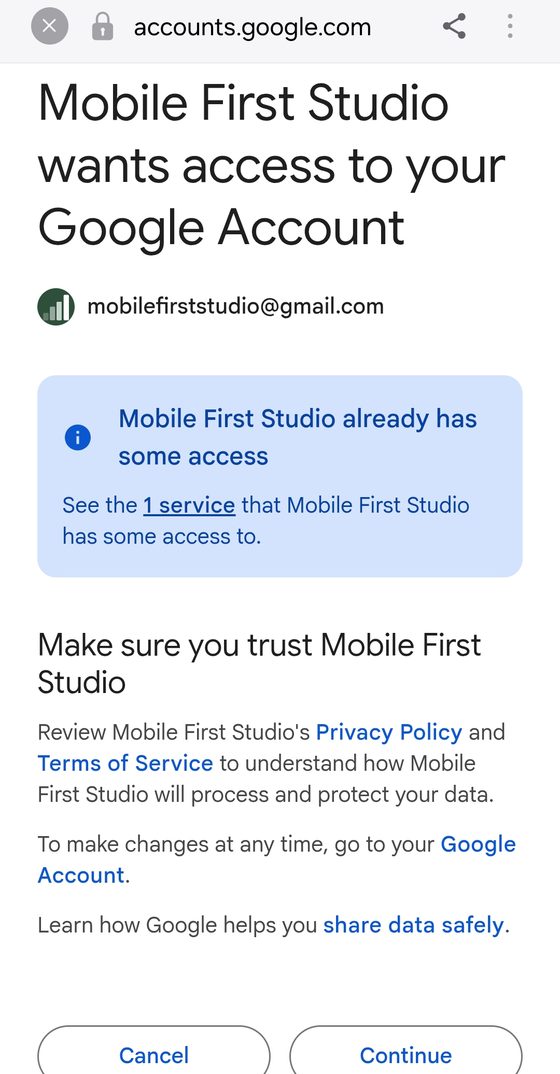 Google's 'Make sure you trust this app' screen shown the first time you connect Google Drive backup