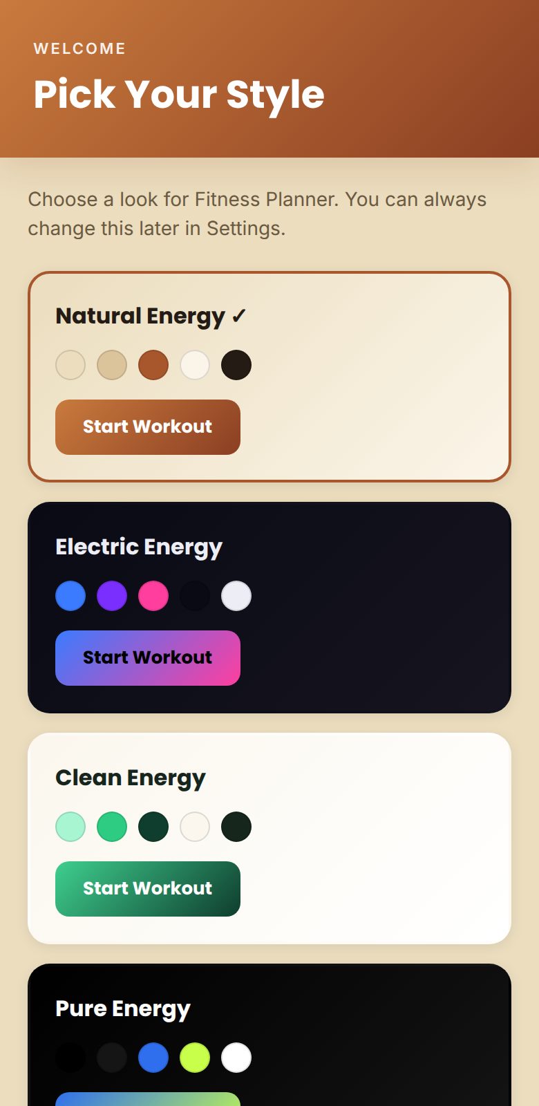 Fitness Planner app screen