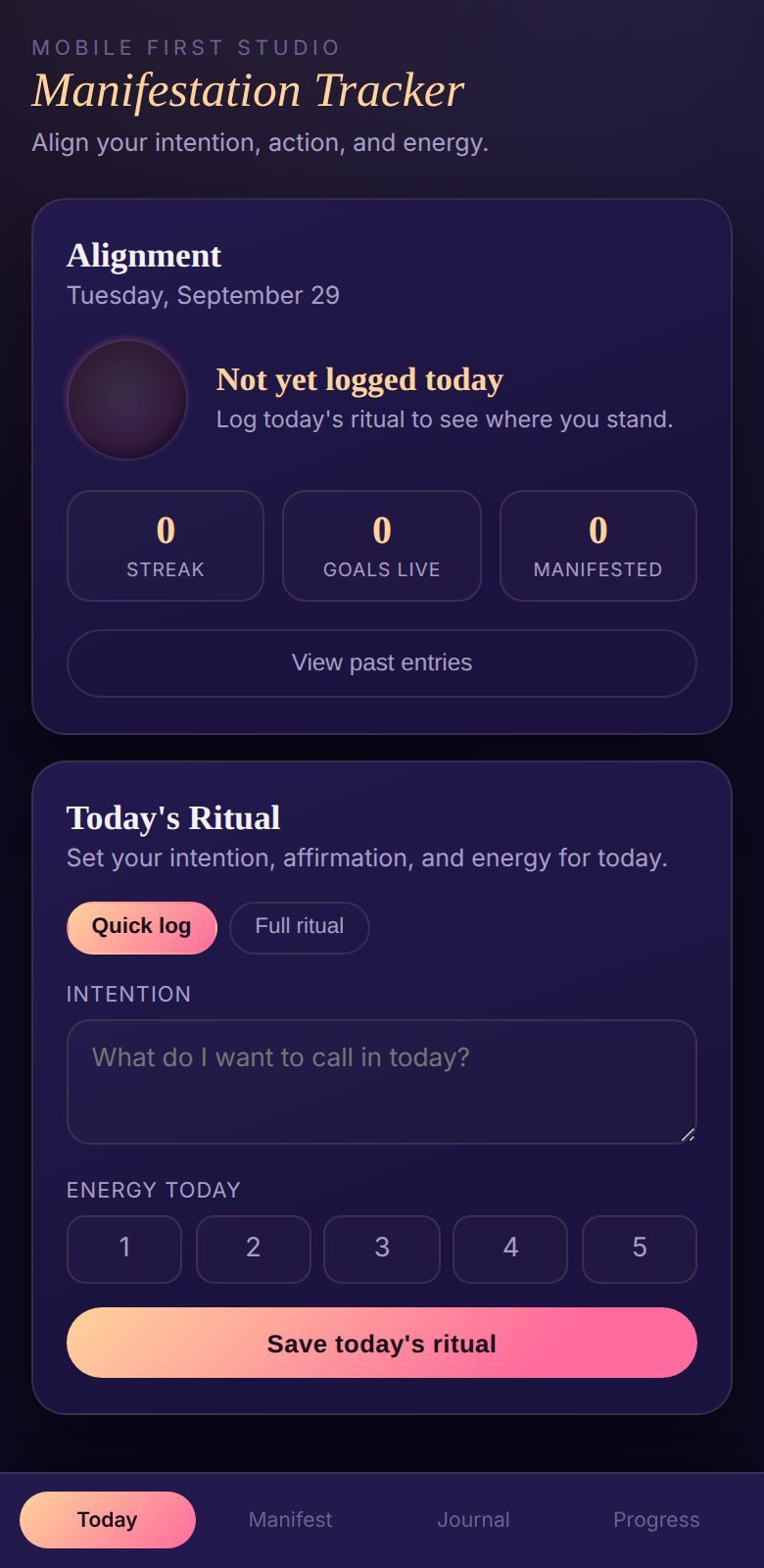 Manifestation Tracker app screen